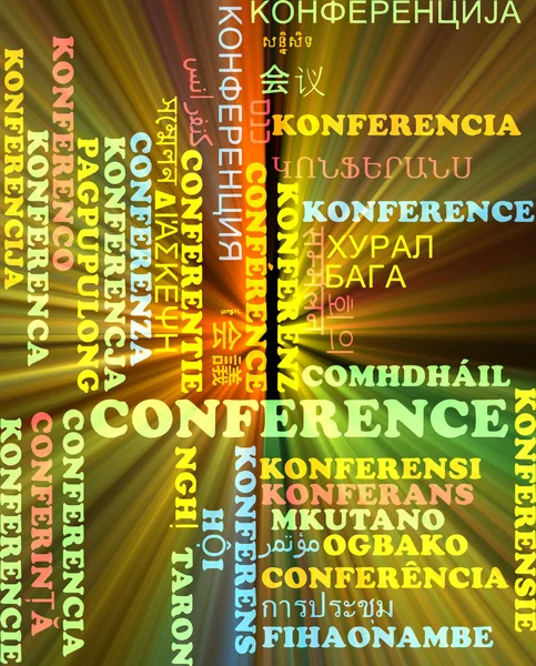 Conference multilanguage wordcloud background concept glowing — Stock Photo, Image