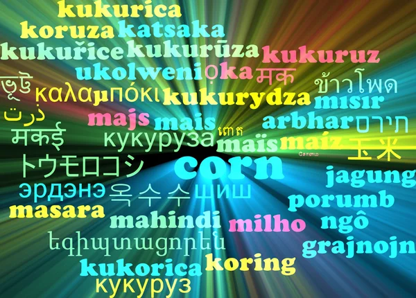 Corn multilanguage wordcloud background concept glowing — Φωτογραφία Αρχείου