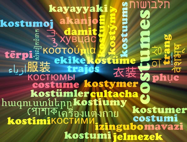Costumes multilanguage wordcloud background concept glowing — Stockfoto