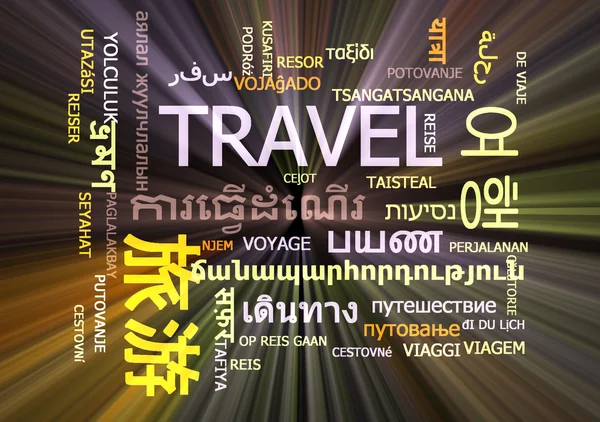 Viaggio multilingua wordcloud concetto di sfondo incandescente — Foto Stock