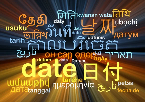 Datum mehrsprachige Wordcloud Hintergrundkonzept glühend — Stockfoto