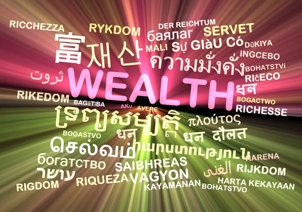 Wealth multilanguage wordcloud background concept glowing — Stock Photo, Image