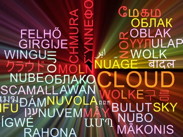 Cloud multilanguage wordcloud background concept glowing — Stock Photo, Image