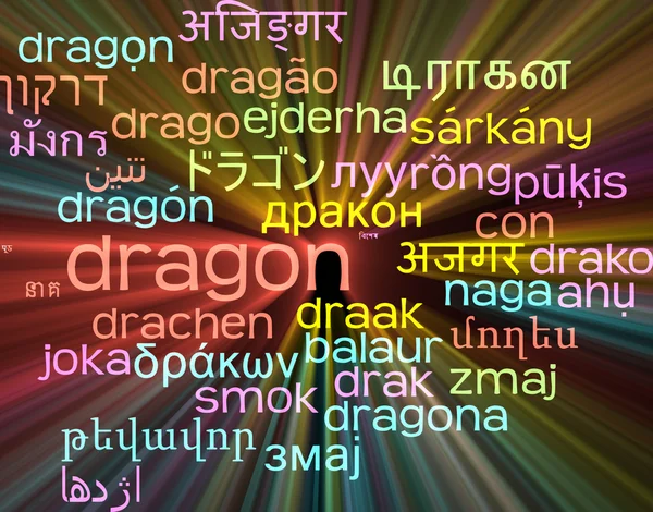Dragon multilanguage wordcloud background concept glowing — ストック写真