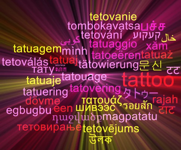 Tattoo multilanguage wordcloud background concept glowing — Stock Photo, Image