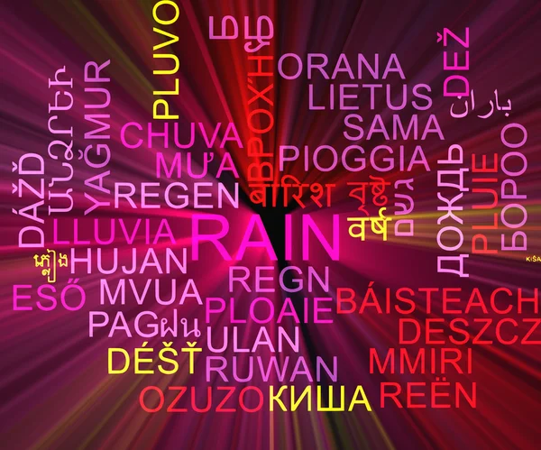 Rain multilanguage wordcloud background concept glowing — Stock Photo, Image