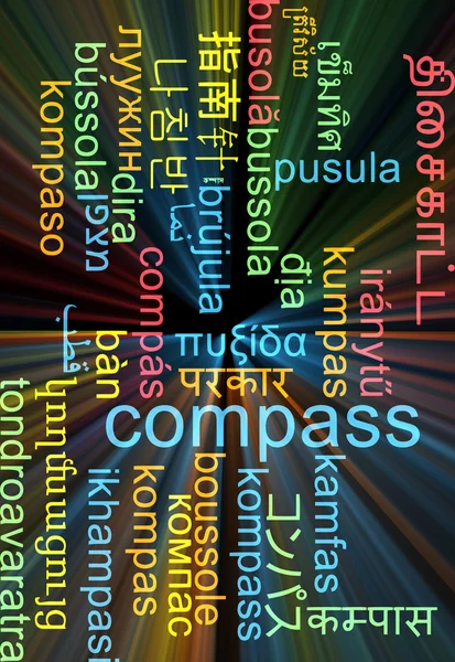 Kompass mehrsprachige Wordcloud Hintergrundkonzept glühend — Stockfoto