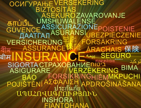Insurance multilanguage wordcloud background concept glowing — Stockfoto