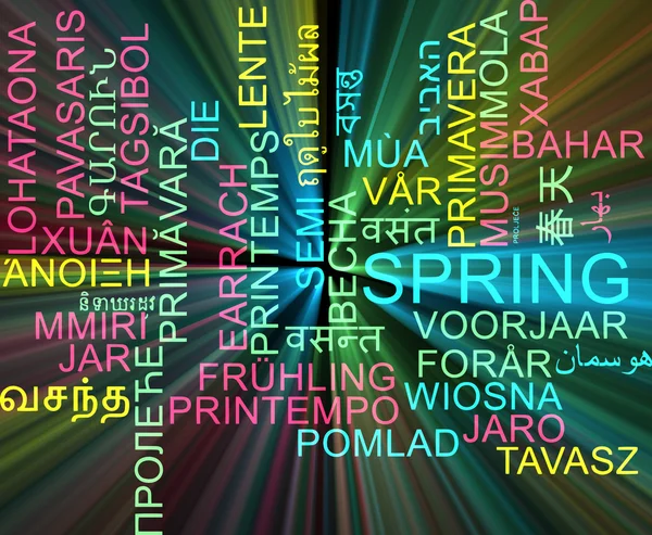 Frühling mehrsprachige Wordcloud Hintergrundkonzept glühend — Stockfoto