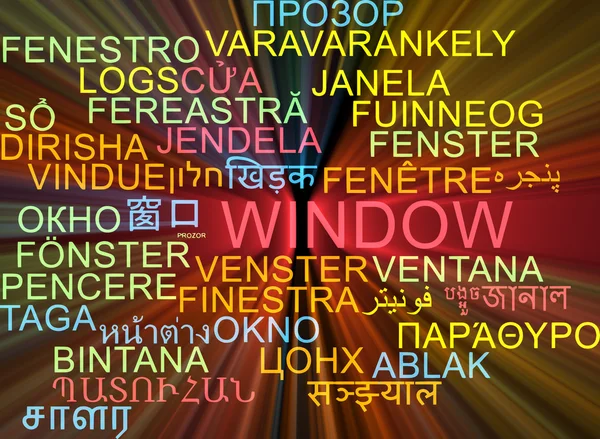 Window multilanguage wordcloud background concept glowing — Stock Photo, Image