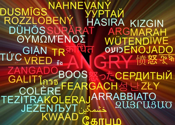 Angry multilanguage wordcloud background concept glowing — Stock Photo, Image