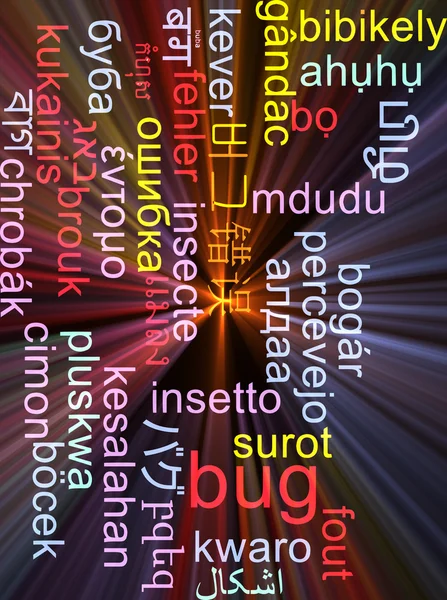 Bug multilanguage wordcloud background concept glowing — Stock Photo, Image