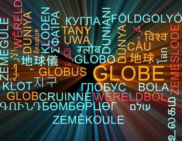 Globe multilanguage wordcloud background concept glowing — Zdjęcie stockowe