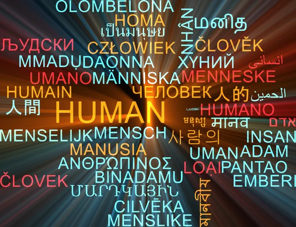 Human multilanguage wordcloud background concept glowing — Stockfoto