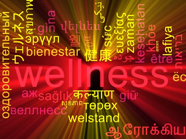 Wellness mehrsprachige Wordcloud Hintergrundkonzept glühend — Stockfoto