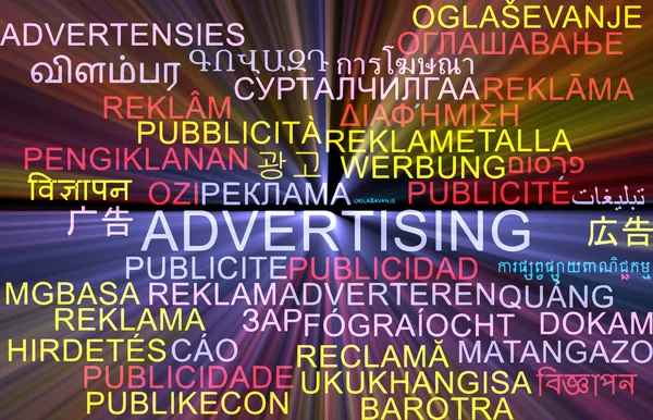 Pubblicità multilingue wordcloud concetto di sfondo incandescente — Foto Stock