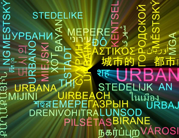 Urbain multilingue wordcloud concept de fond rayonnant — Photo