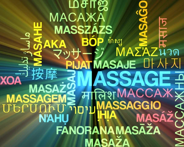 Masaje multilenguaje wordcloud fondo concepto brillante — Foto de Stock