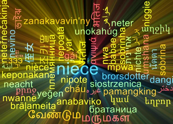 Niece multilanguage wordcloud background concept glowing — Stock Photo, Image