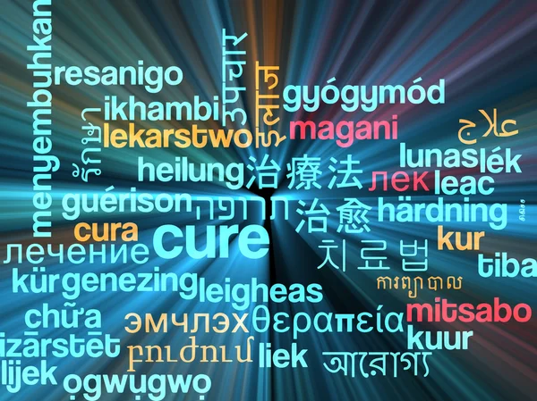 Cure multilanguage wordcloud background concept glowing — Stock Photo, Image