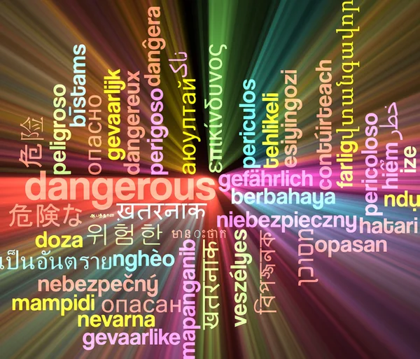Dangerous multilanguage wordcloud background concept glowing — Stock Photo, Image