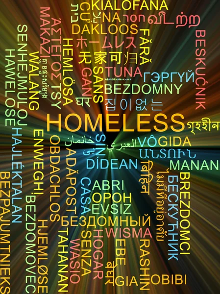 Homeless multilingua wordcloud concetto di sfondo incandescente — Foto Stock