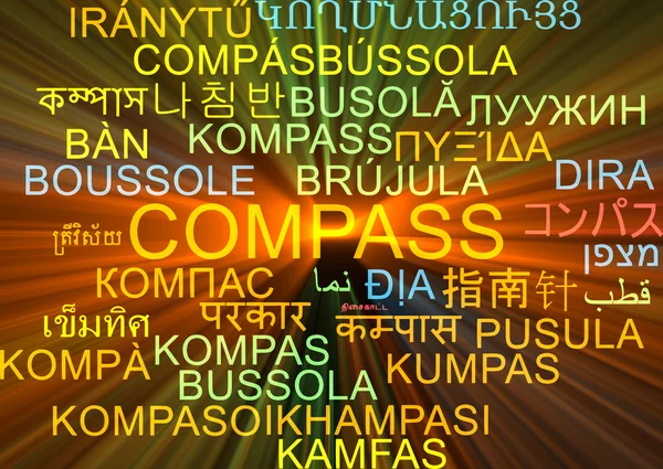 Compass multilanguage wordcloud background concept glowing — Stock Photo, Image