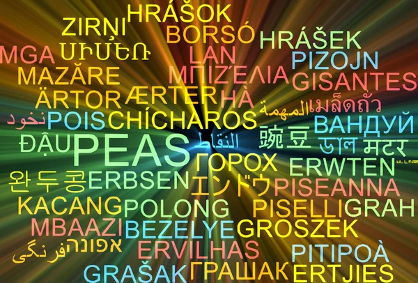 Hrachové lusky Vícejazyčné wordcloud pozadí koncepce zářící — Stock fotografie