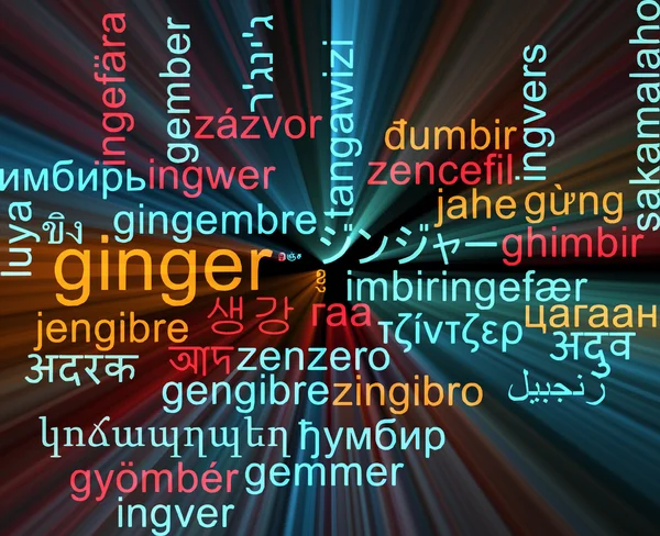 Ginger multilanguage wordcloud background concept glowing — Stock Photo, Image