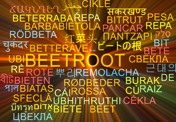 Beetroot multilanguage wordcloud background concept glowing — Stock Photo, Image