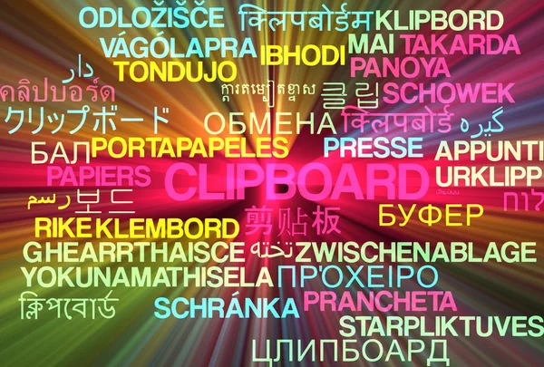 Clipboard multilanguage wordcloud background concept glowing — Stock Photo, Image