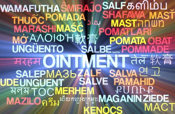 Ointment multilanguage wordcloud background concept glowing — Stock Photo, Image