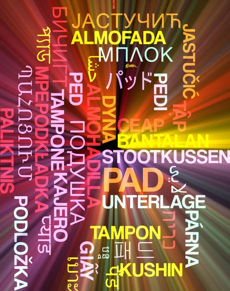 Pad multilanguage wordcloud background concept glowing — Stock Photo, Image