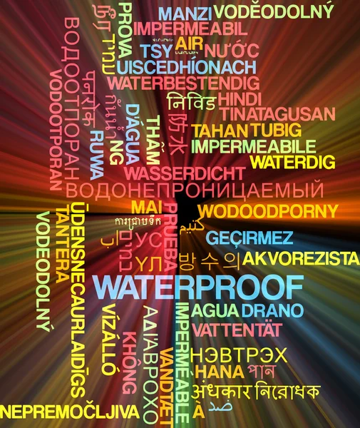 Vodotěsné vícejazyčné wordcloud pozadí koncepce zářící — Stock fotografie