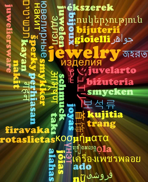 Šperky vícejazyčné wordcloud pozadí koncepce zářící — Stock fotografie