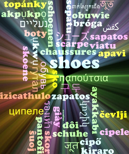 Shoes multilanguage wordcloud background concept glowing — Stock Photo, Image