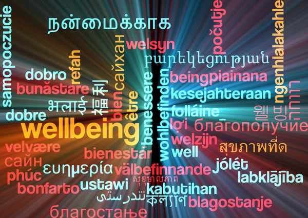 Wellbeing multilanguage wordcloud background concept glowing — Stock Photo, Image