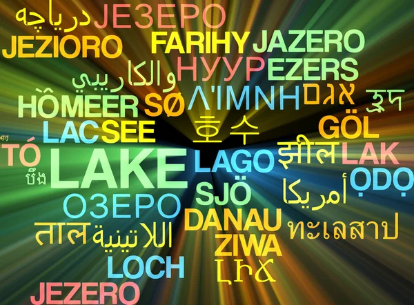 Lake multilanguage wordcloud background concept glowing — Stock Photo, Image