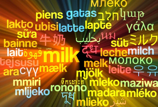 Mléko vícejazyčné wordcloud pozadí koncepce zářící — Stock fotografie