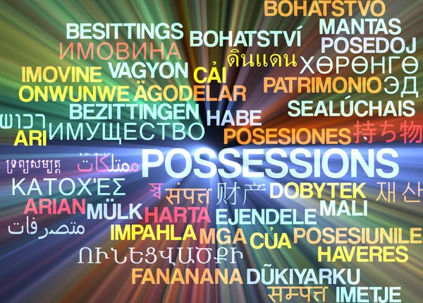 Possessions multilanguage wordcloud background concept glowing — Stockfoto