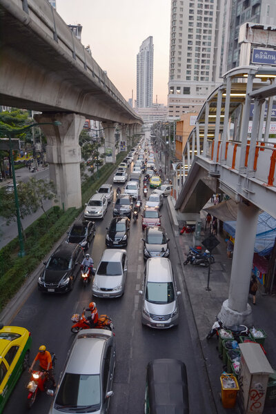 Bangkok, Thailand - January 3, 2016: Sukhumvit Road view of busy traffic from Thong Lo BTS sky train station