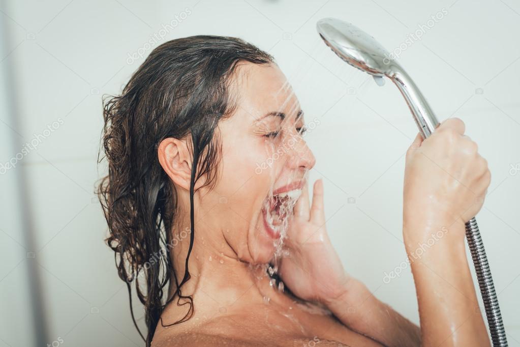 Shower Woman Washing Face Stock Photo Milanmarkovic 107168476 Beautiful Cheerful Girl Washing Face With Water In Shower Cabin While Showering
