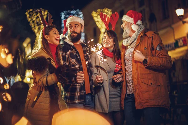 Shot Group Cheerful Young Friends Having Fun Sparklers Together Evening — Stock Photo, Image