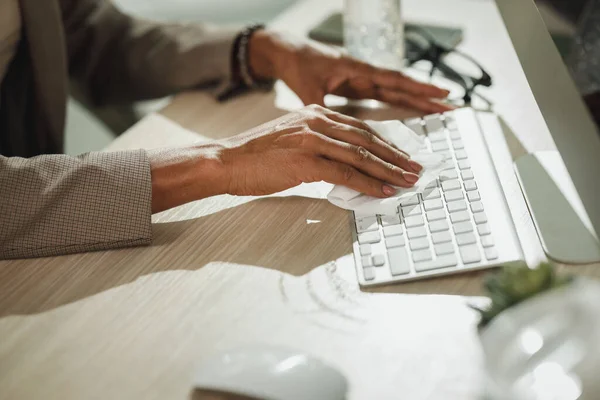 Cropped Shot Hands African Businesswoman Sitting Alone Her Office Using — Stock Photo, Image