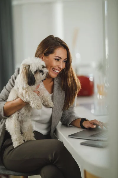 Shot Young Business Woman Sitting Her Pet Dog Using Her — Stock Photo, Image