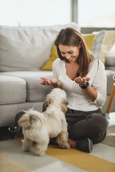 Tiro Uma Jovem Mulher Bonita Relaxante Com Cão Estimação Sua — Fotografia de Stock