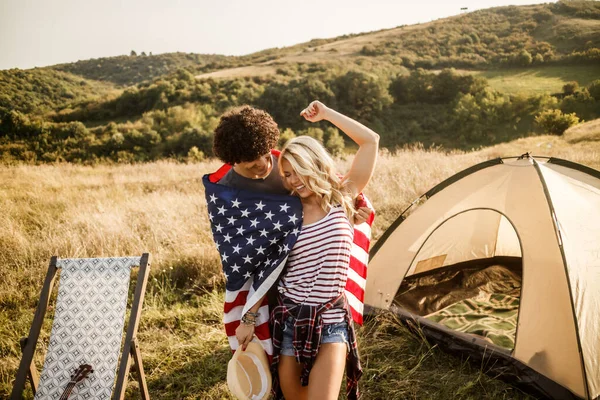 Attractive Couple Love Wrapped American Flag Enjoying Partying Front Tent — Stock Photo, Image
