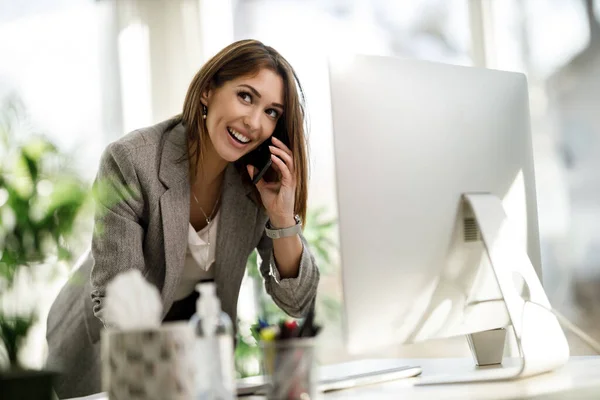 Attractive Business Talking Smartphone While Working Computer Her Home Office — Stock Photo, Image