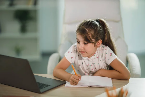 Cute Diligent Little Girl Using Her Laptop Online Lesson Home — Stock Photo, Image