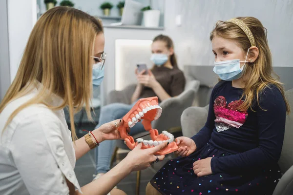 Dentista Bambina Indossano Maschere Protettive Mentre Tengono Mano Modello Denti — Foto Stock